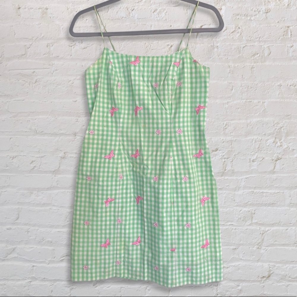 Lilly Green Gingham Butterfly Embroidered Dress